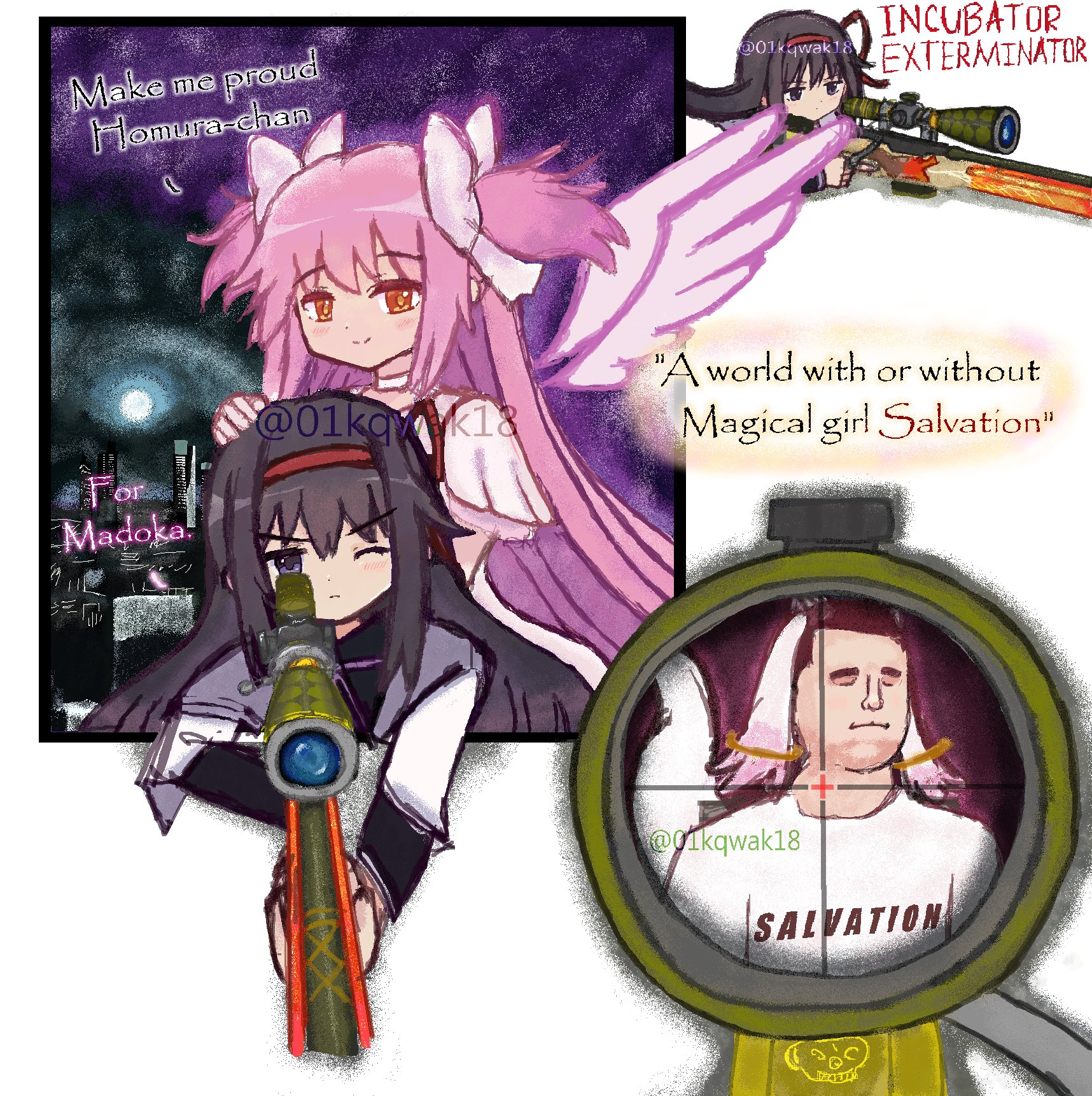 an image of homura with a sniper rifle aiming at charlie kirk with incubator's ears. she has madoka behind her with angel wings